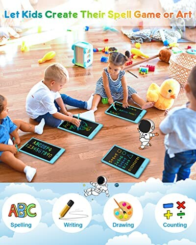 Children playing with educational tablets on a wooden floor.