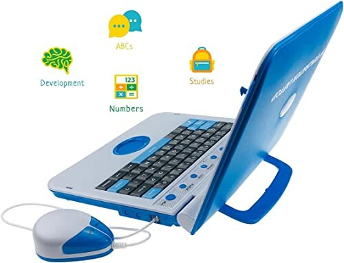Children's educational laptop toy with keyboard and mouse.