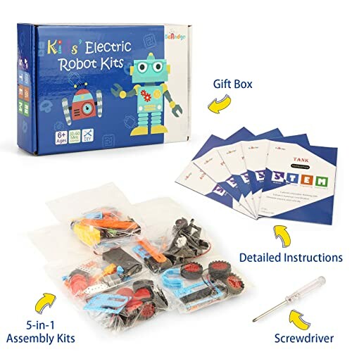 Kids' electric robot kits with gift box, instructions, assembly kits, and screwdriver.