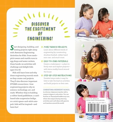Back cover of a children's engineering book with a description and images of kids building projects.