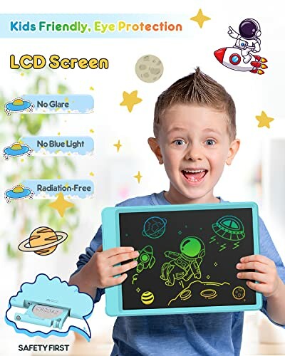 Child holding LCD drawing tablet with space-themed doodles.