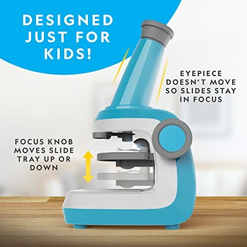 Blue and white microscope for kids with labeled features.