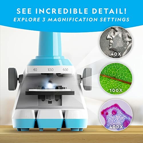 Children's microscope with three magnification settings: 40x, 100x, and 400x.
