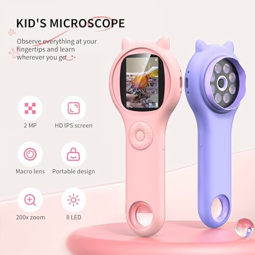 Kid's microscope with HD screen and 200x zoom in pink and blue colors.