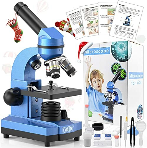 Blue kids microscope set with accessories and educational materials.