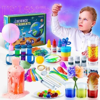 Child performing science experiments with colorful kit.