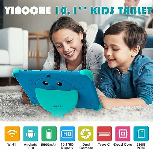 Children using a kids tablet with protective case, featuring Android 11, 10.1-inch display, and dual camera.