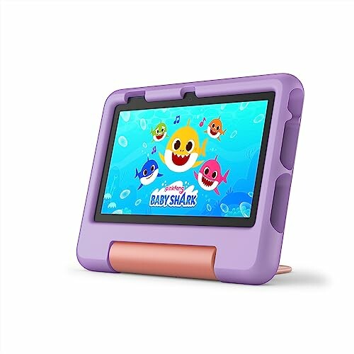 Tablet with Baby Shark design and protective purple case