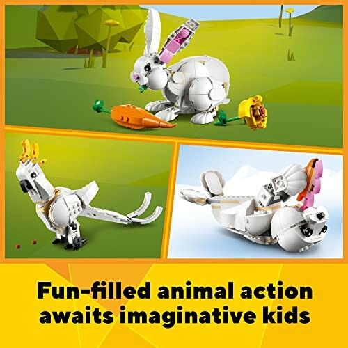 LEGO animal figures including a rabbit and a parrot with vibrant background.