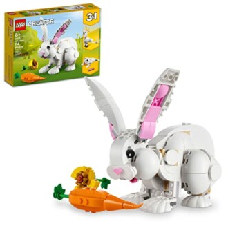 LEGO Creator 3-in-1 bunny rabbit set with carrot and box.