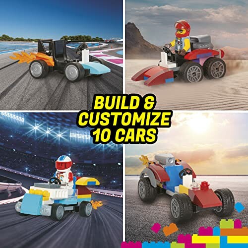 Lego set for building and customizing 10 cars with various designs and figures.