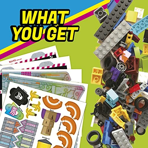 Assorted LEGO pieces and sticker sheets with 'What You Get' text.