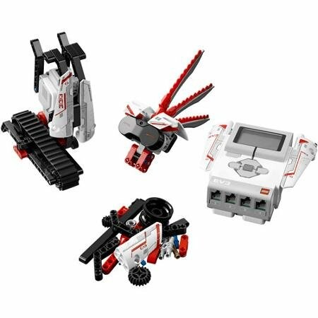 LEGO robotics kit components including tracks, sensors, and control unit.