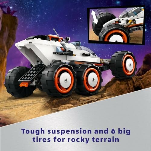 LEGO space rover with six large tires and tough suspension on rocky terrain.