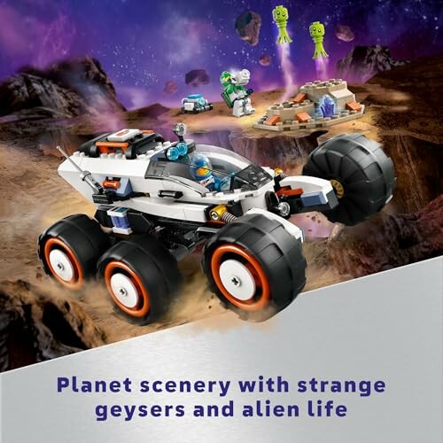 LEGO space rover on alien planet with geysers and aliens.