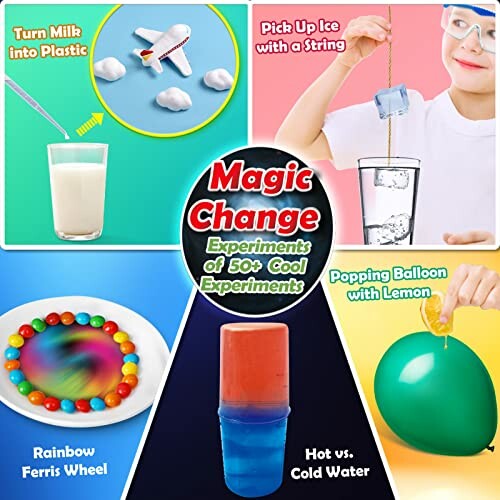 Collage of science experiments: plastic from milk, ice on string, ferris wheel with rainbow colors, hot vs cold water, balloon popping with lemon.