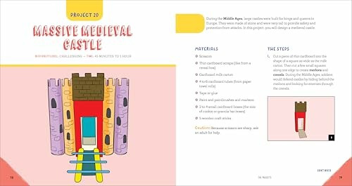 Illustrated guide for building a medieval castle with materials and steps.