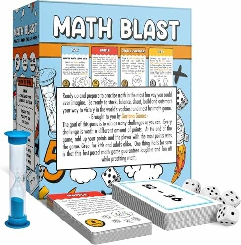 Math Blast board game with cards, dice, and hourglass