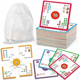 Colorful math puzzle game cards with numbers and equations.
