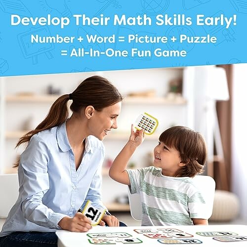 Woman and child playing a math skills game with cards.
