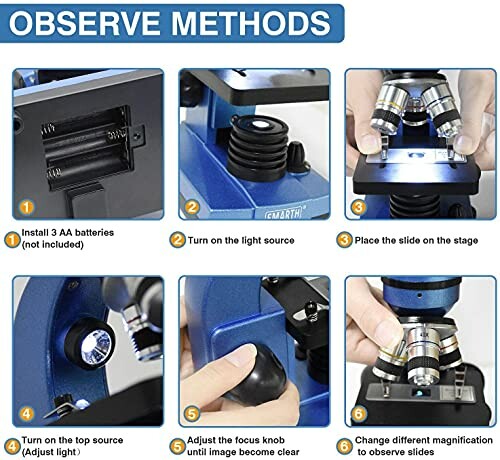 Instructions for using a microscope, including battery installation, light source adjustment, slide placement, and magnification change.