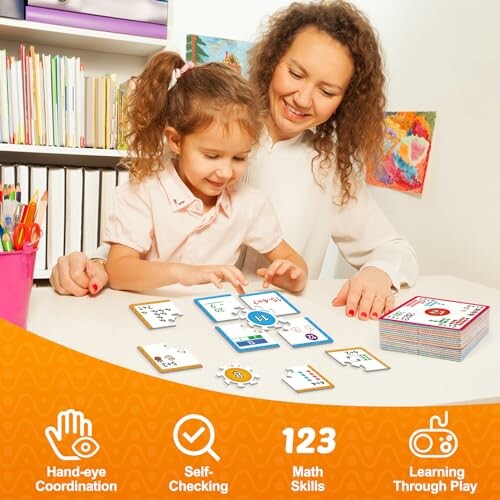 Mother and daughter playing with educational math cards at home.