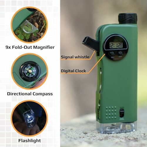 Green multifunctional tool with compass, magnifier, clock, whistle, and flashlight.