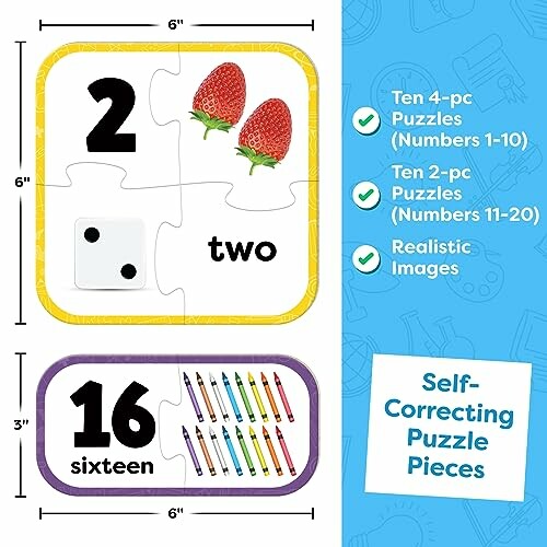 Number puzzle pieces showing two with strawberries and a dice, sixteen with crayons.