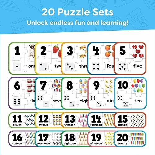 Colorful educational puzzle sets numbered one to twenty with matching illustrations.