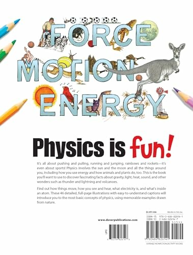 Book cover with title 'Force Motion Energy' and colorful drawings of animals and objects.