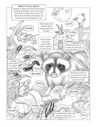 Illustration of animals demonstrating physics concepts like pushing, pulling, sound, and light.
