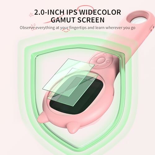 Pink device with 2.0-inch IPS widecolor gamut screen.