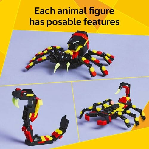 Three posable animal figures made of building blocks, including a spider, a snake, and a scorpion.