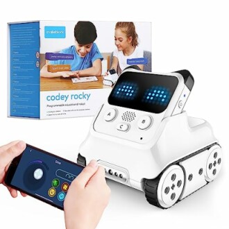 Programmable educational robot with remote control and packaging.