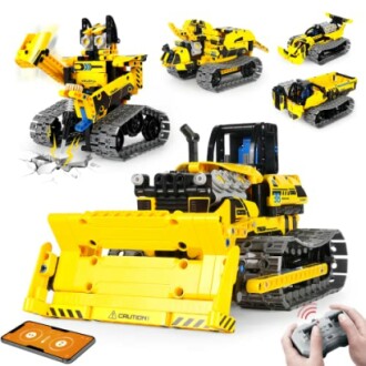 Remote control yellow building bulldozer toy with interchangeable parts.