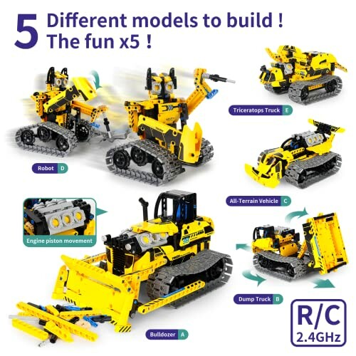 Five different remote control construction vehicles with interchangeable parts.