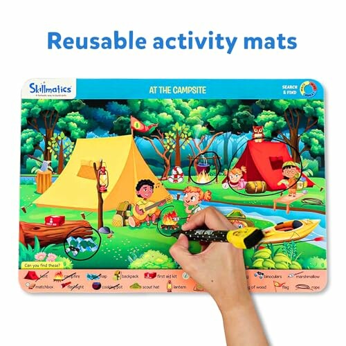Colorful camping-themed reusable activity mat with illustrations of tents and children playing.