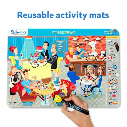 Colorful restaurant-themed reusable activity mat with characters and objects to find.