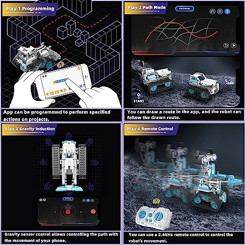 Features of a robot control app including programming, path mode, gravity induction, and remote control
