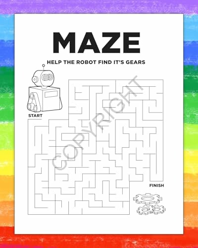 Maze puzzle with a robot theme and rainbow border.