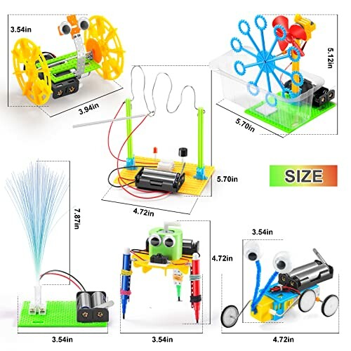 Various small robot projects from a science kit for kids, including wheeled and walking robot designs.