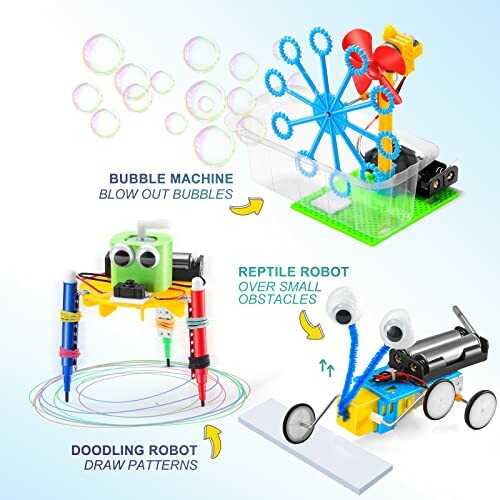 Three robotic toys: bubble machine, doodling robot, and reptile robot with descriptions.