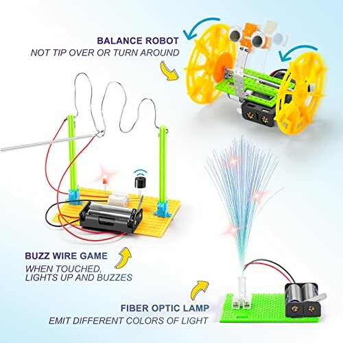 DIY robotics kit with balance robot, buzz wire game, and fiber optic lamp.