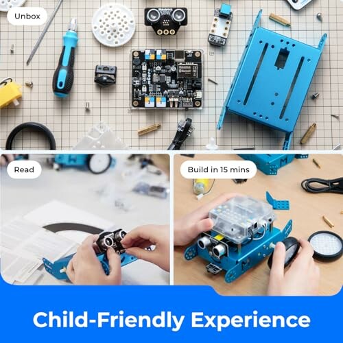 Child assembling a robotics kit with instructions.
