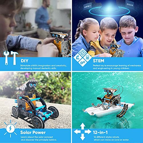 Collage of a robotics STEM kit for kids, featuring DIY assembly, solar power, and 12-in-1 model designs.