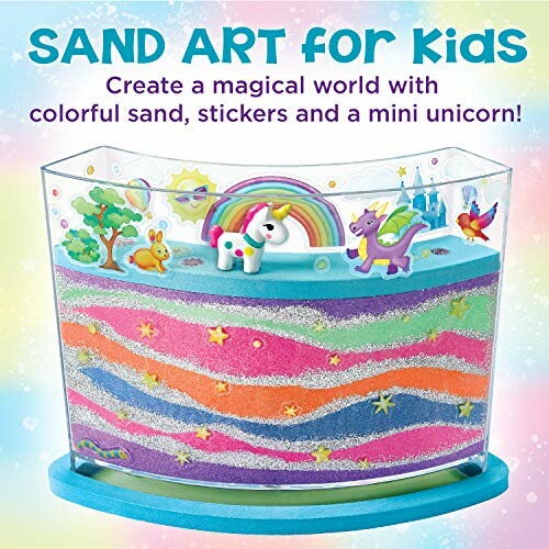 Colorful sand art kit for kids with stickers and mini unicorn.