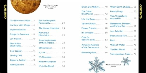 Table of contents from a science book with chapter titles and page numbers.