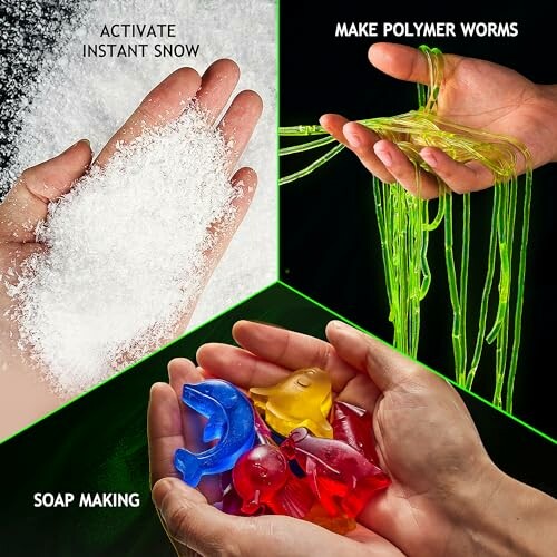 Hands showcasing instant snow, polymer worms, and soap making kits.