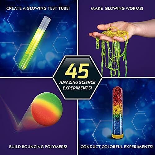 Science kit with glowing test tube, glowing worms, bouncing polymers, and colorful experiments.