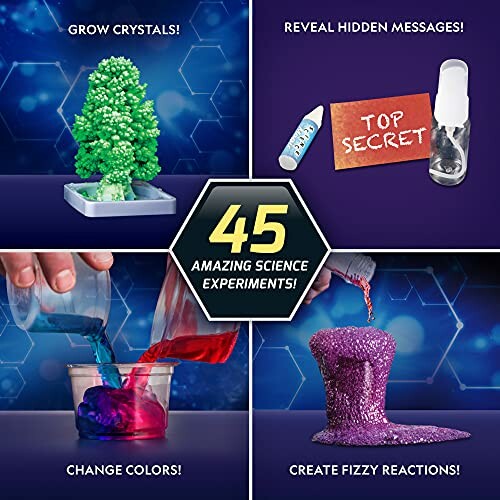Science kit featuring crystal growth, hidden messages, color change, and fizzy reactions.
